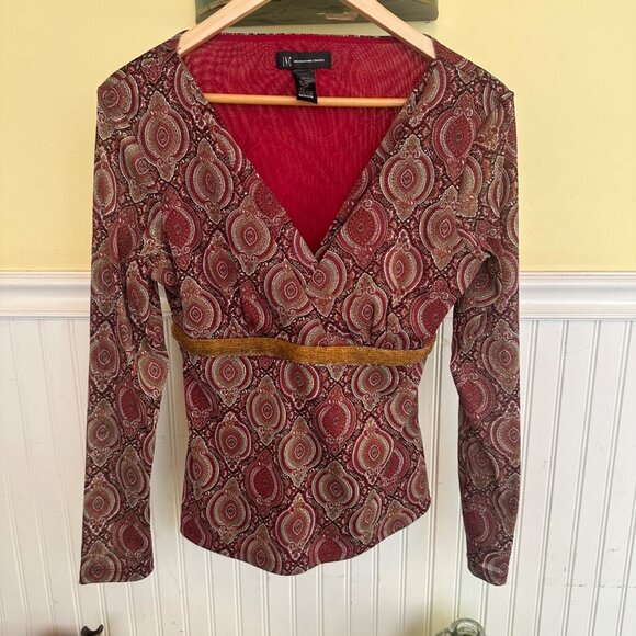 INC Womens Paisley V-Neck Long Sleeve Top With Gold Waistband Medium - Picture 1 of 6